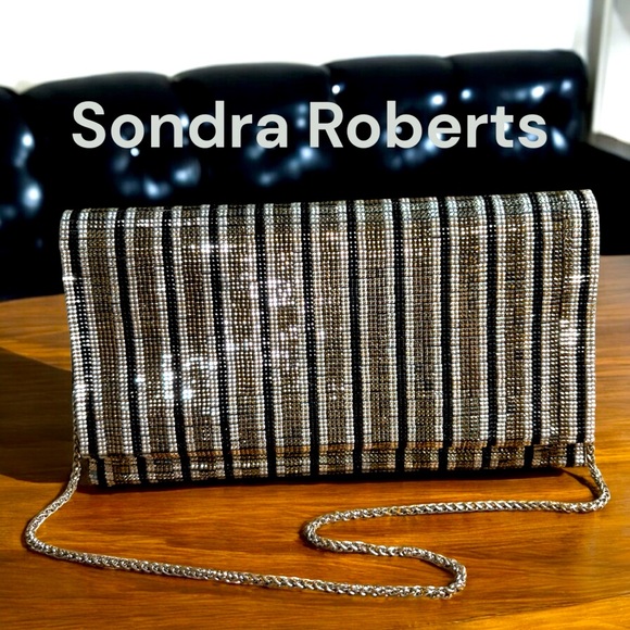 Sondra Roberts-Silver/black stripe rhinestone clutch/silver chain 9.5”x5.5” EUC! - Picture 1 of 13